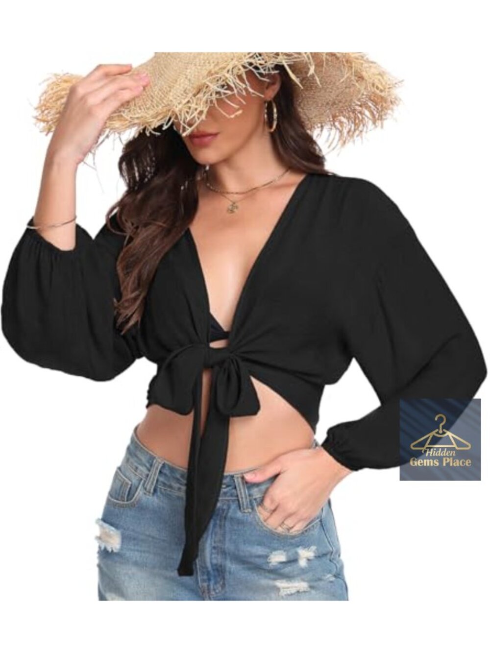 Women's Tie Front Long Sleeve Swim Cover Up Beach Cardigan Top